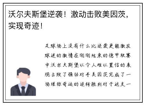 沃尔夫斯堡逆袭！激动击败美因茨，实现奇迹！